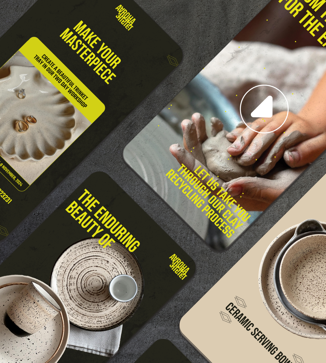 Aaroha: Ceramics storytelling on social (workshops, clay recycling, product features); Dot and Grid created the brand’s social template system, typography and layout rules and a ready-to-use asset pack for campaigns and reels.