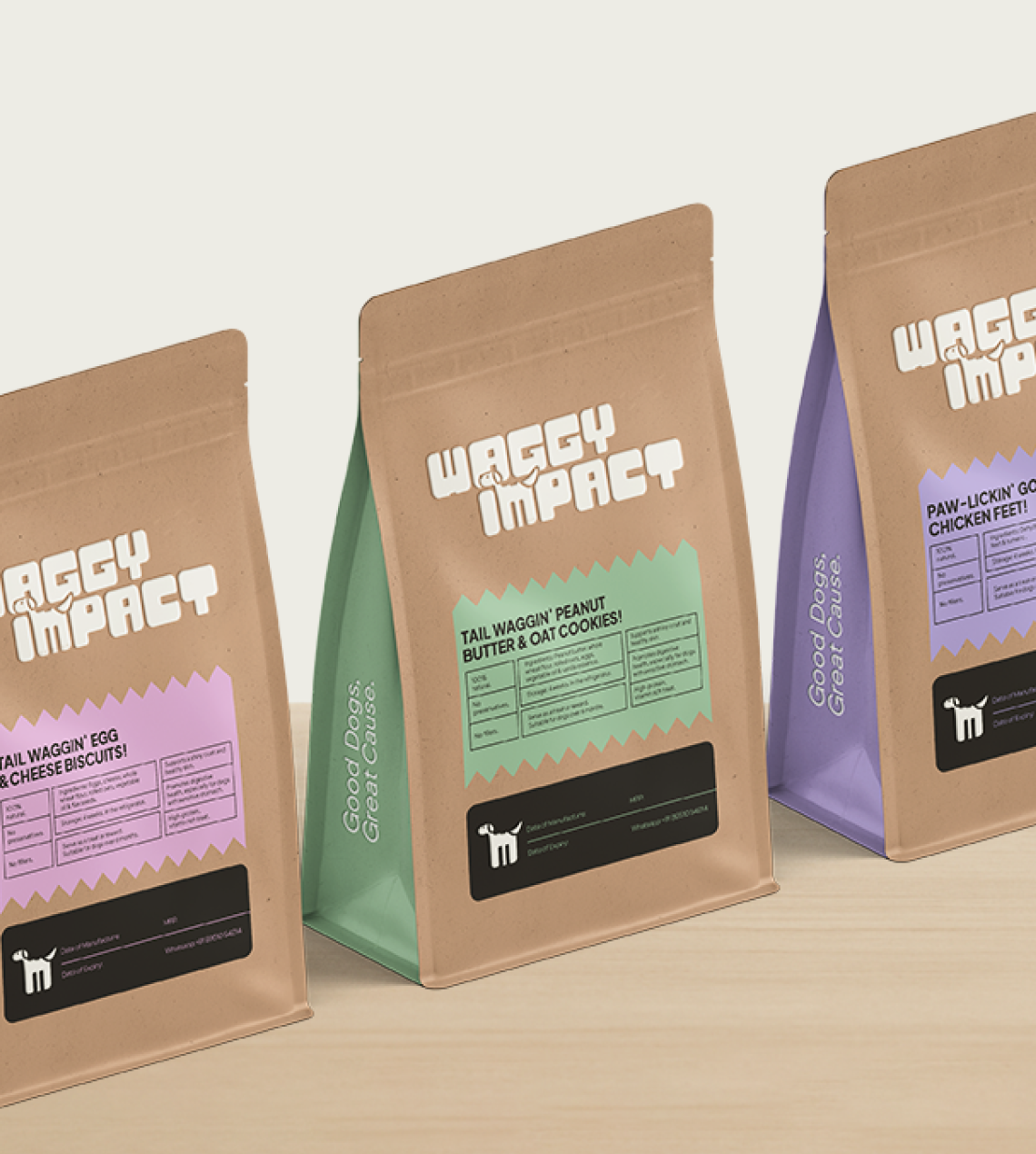 Waggy Impact dog-treats charity brand focused on “Good Dogs. Great Cause.” Dot and Grid created the visual identity, packaging system and flavor labeling, set the tagline, and produced e-commerce and social assets to help drive donations.