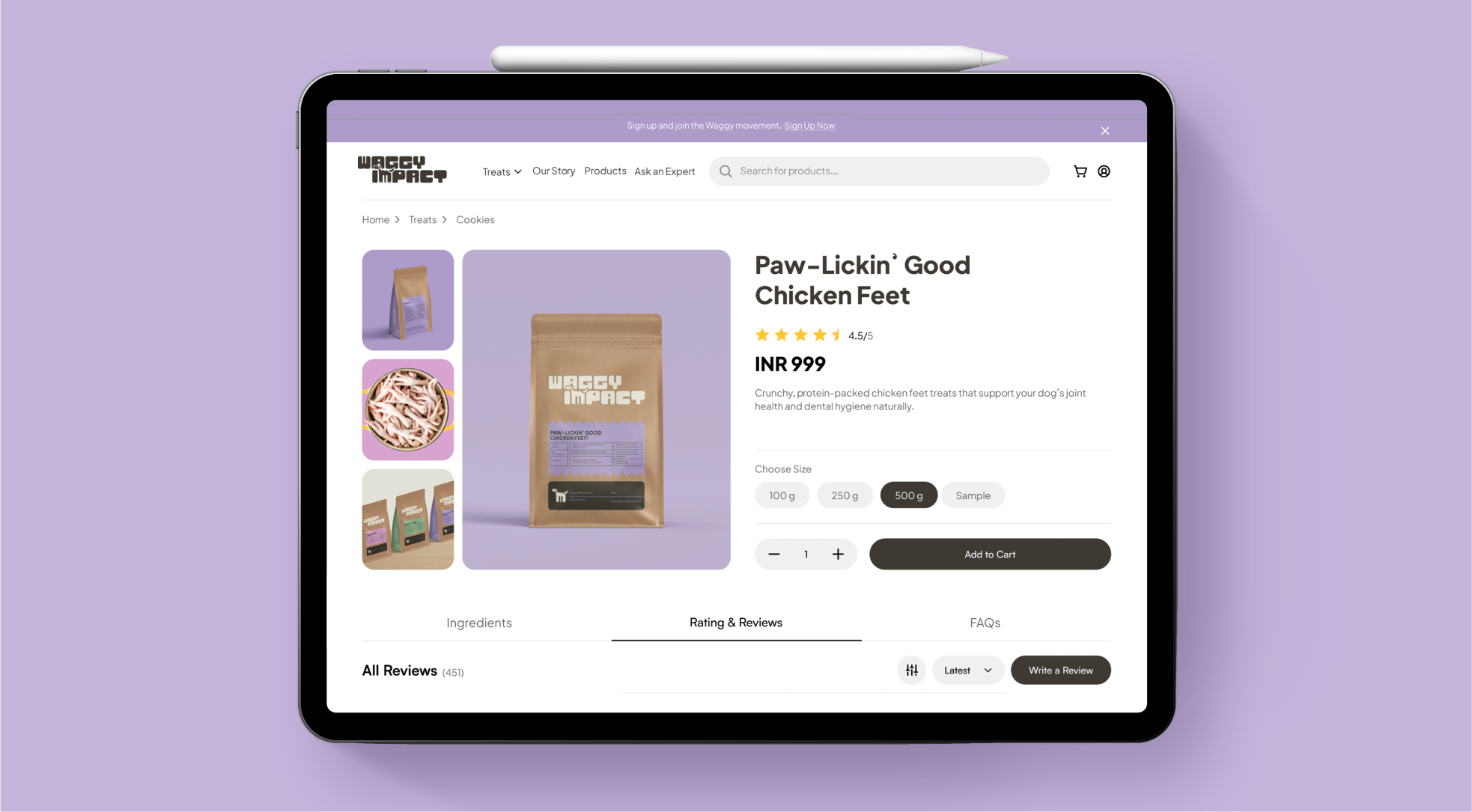 E-commerce website design for Waggy Impact by Dot and Grid – product page interface showcasing premium dog treat packaging, pricing, and reviews for ‘Paw-Lickin’ Good Chicken Feet,’ highlighting UI/UX design for pet brand online store
