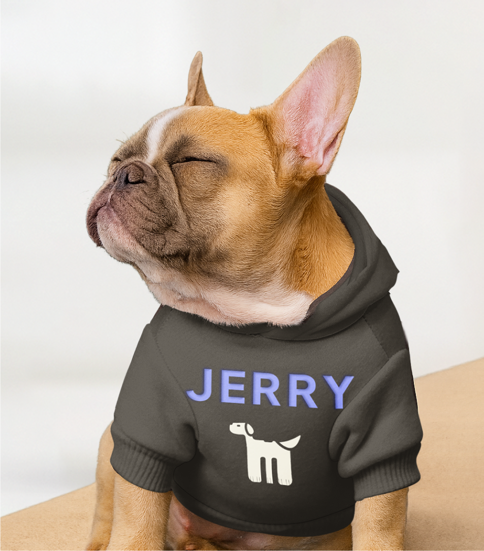 Custom pet apparel design for Waggy Impact by Dot and Grid – brown French bulldog wearing personalized hoodie with brand’s dog icon and name ‘Jerry,’ showcasing branded merchandise and playful pet identity design.