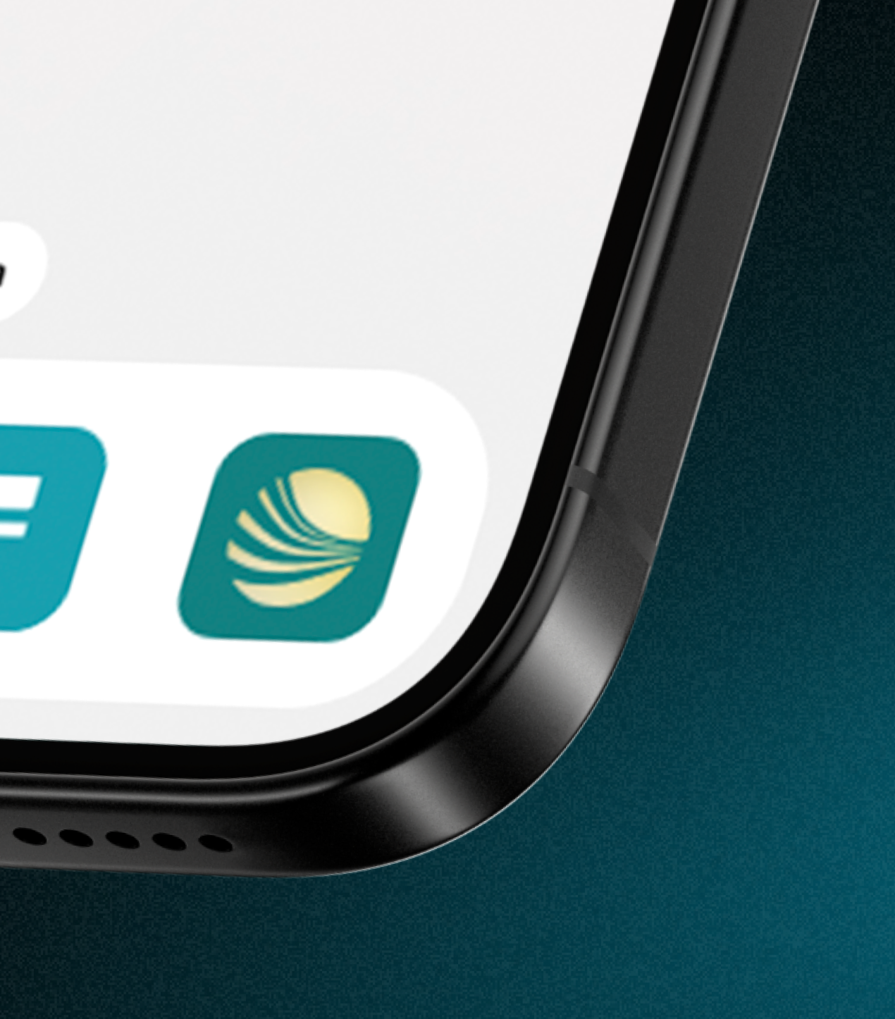 Close-up of a smartphone screen corner displaying a teal app icon with a yellow abstract circular logo, representing a health or wellness application.
