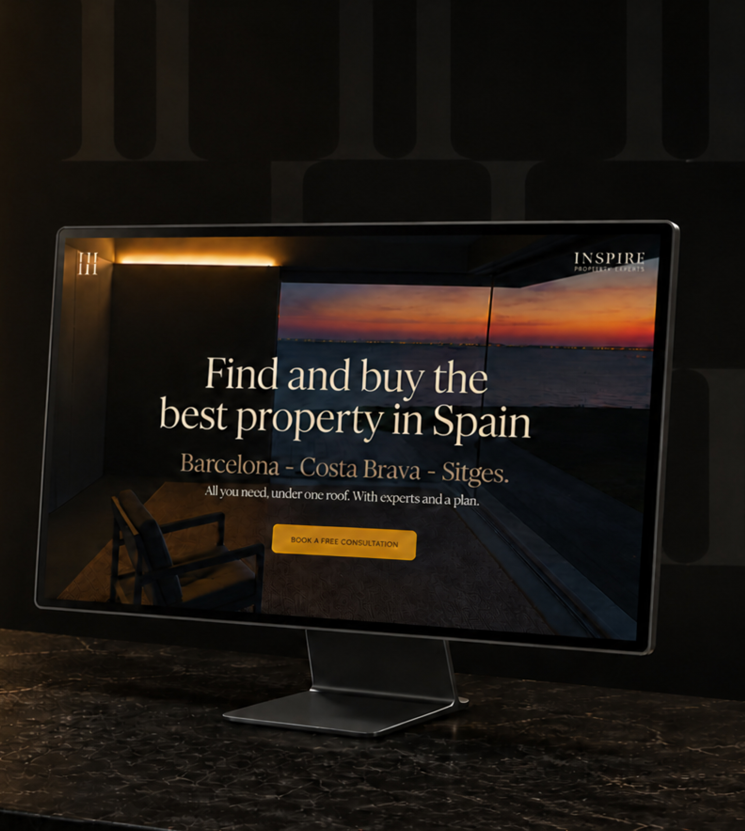 Luxury hero section design for Inspire Property Experts featuring cinematic visuals, refined typography and premium real estate branding