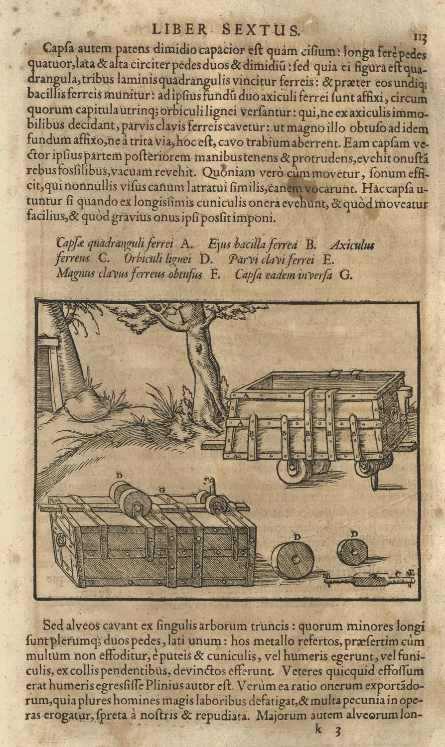 In Agricola's time, the mine car was a brand-new invention that spread throughout Europe and overseas thanks to his work. The mine car, which ran on underground tracks, would go on to become the precursor and inspiration for the railroad.