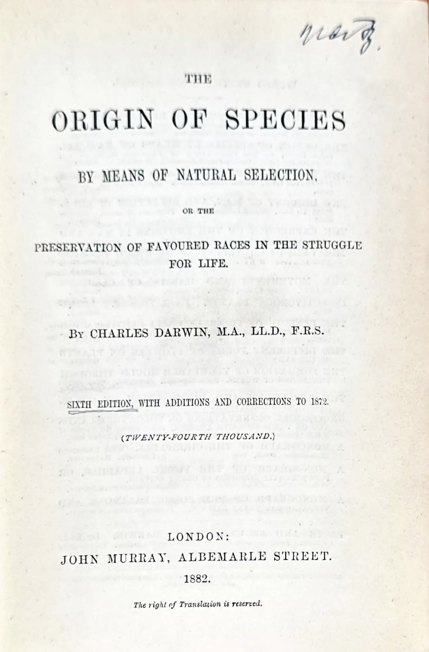 The Origin of Species by Means of Natural Selection, or the preservation of favoured races in the struggle for life