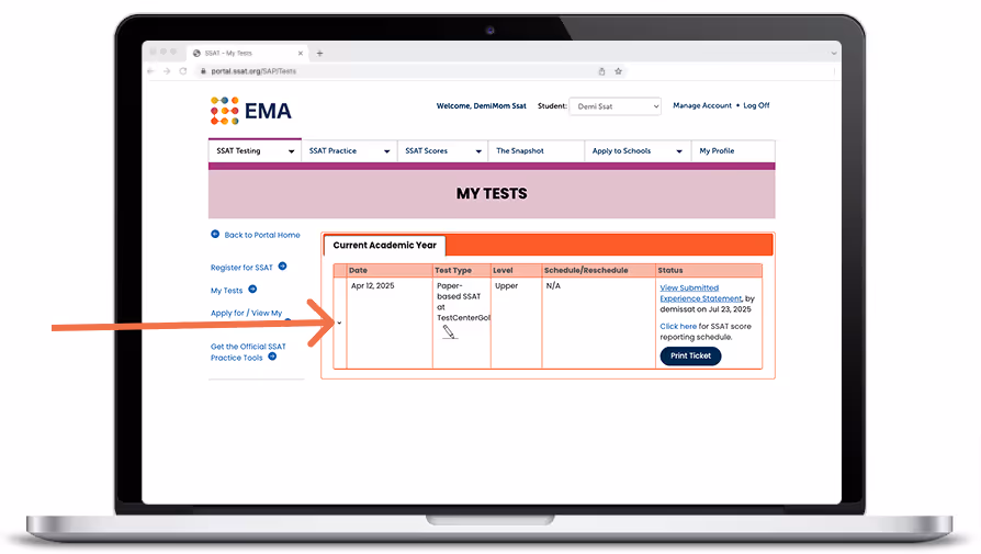 An image showing where to click on the SSAT "My Tests" page in the portal to order add-on services after SSAT registration.