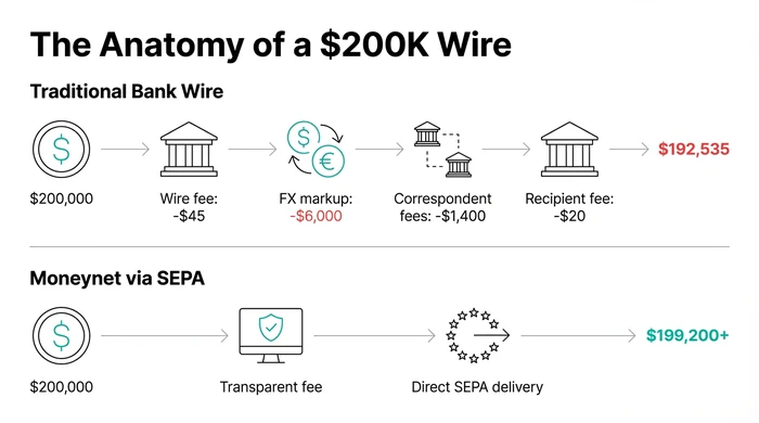 Infographic - The Anatomy of a $200K Wire - Traditional Bank vs Moneynet via SEPA