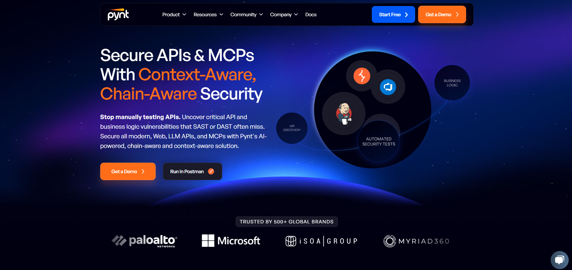Pynt homepage showing API security features with context-aware, chain-aware testing
