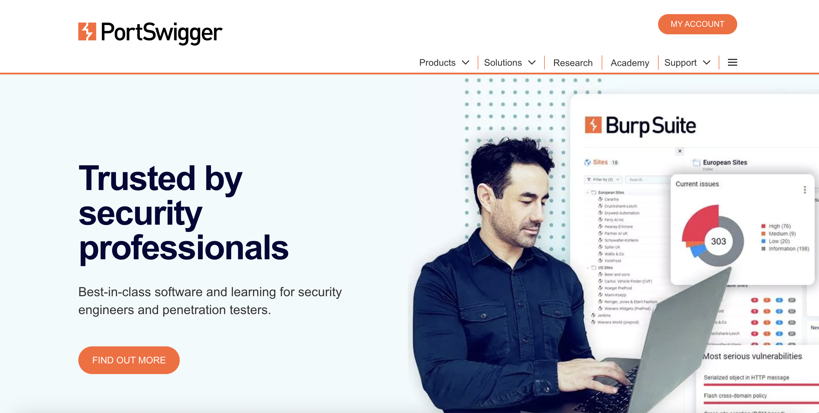 PortSwigger homepage showing a man using a laptop with Burp Suite security tool interface