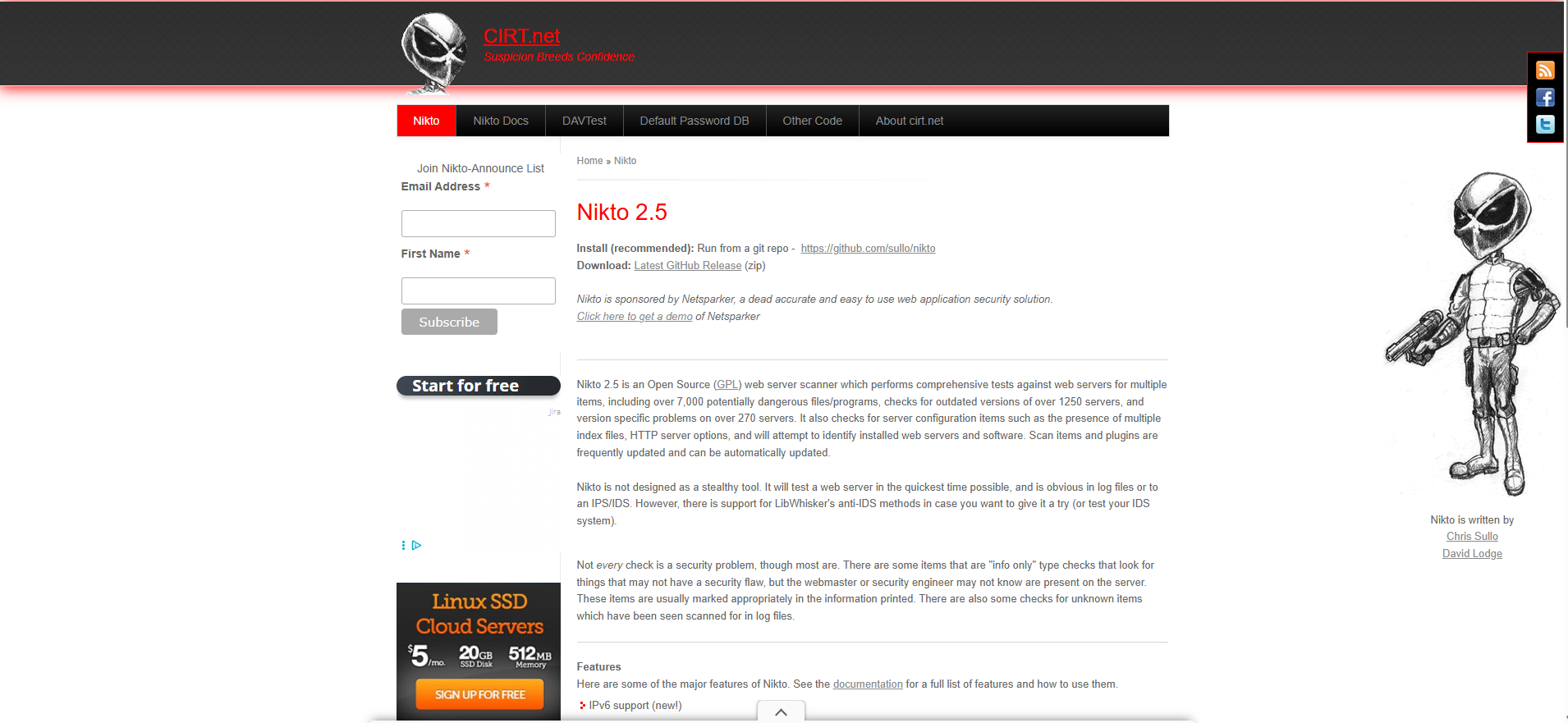 Nikto 2.5 webpage on CIRT.net describing its open-source web server scanner features