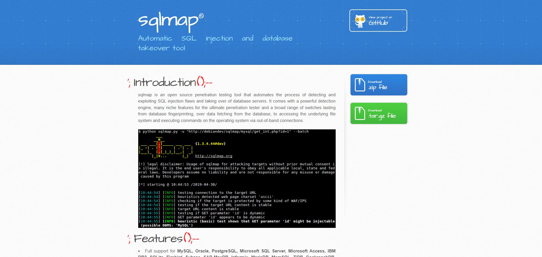 SQLmap website showcasing its open-source SQL injection testing tool.
