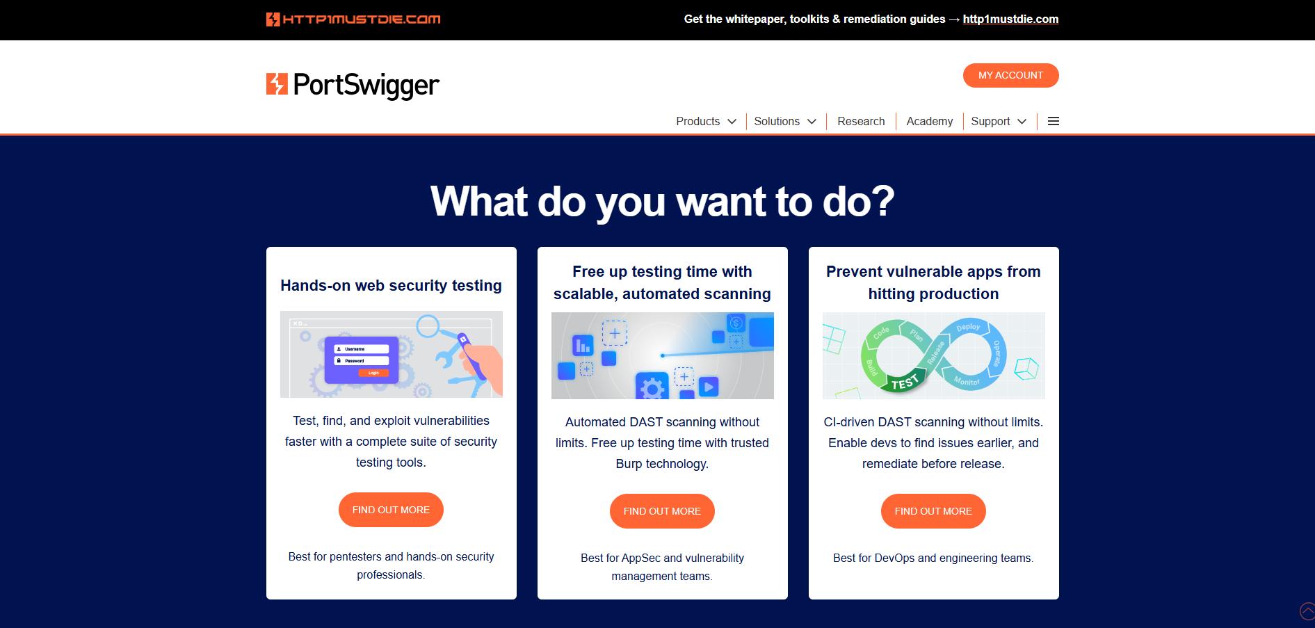 PortSwigger website highlighting web security testing options for pentesters, AppSec teams, and DevOps with automated DAST scanning.