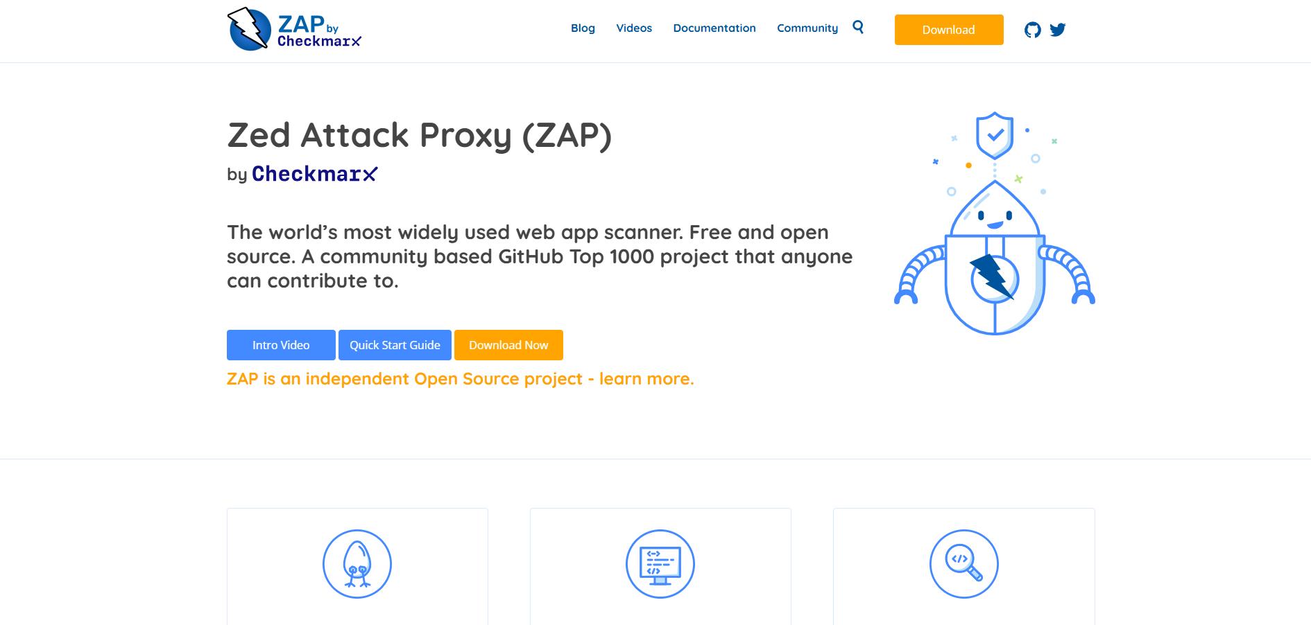 ZAP by Checkmarx website promoting its free, open-source web app security scanner.