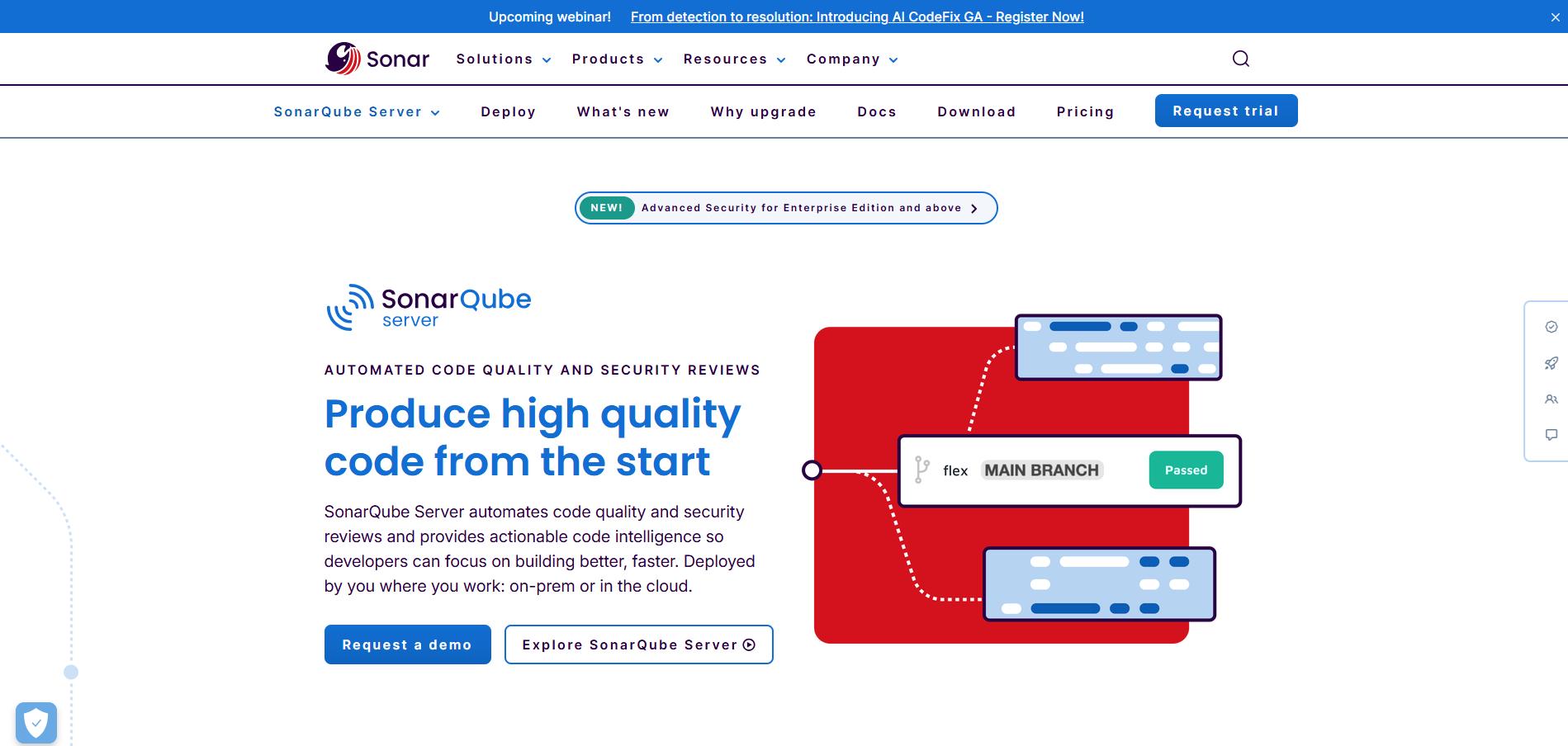 SonarQube website promoting automated code quality and security reviews to help developers produce high-quality code from the start.