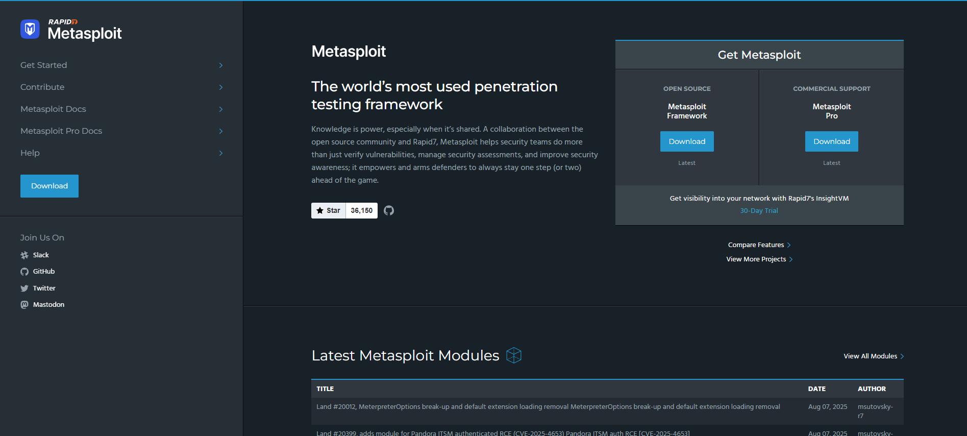 Metasploit by Rapid7 homepage promoting the penetration testing framework, that helps security teams find, exploit, and manage vulnerabilities.
