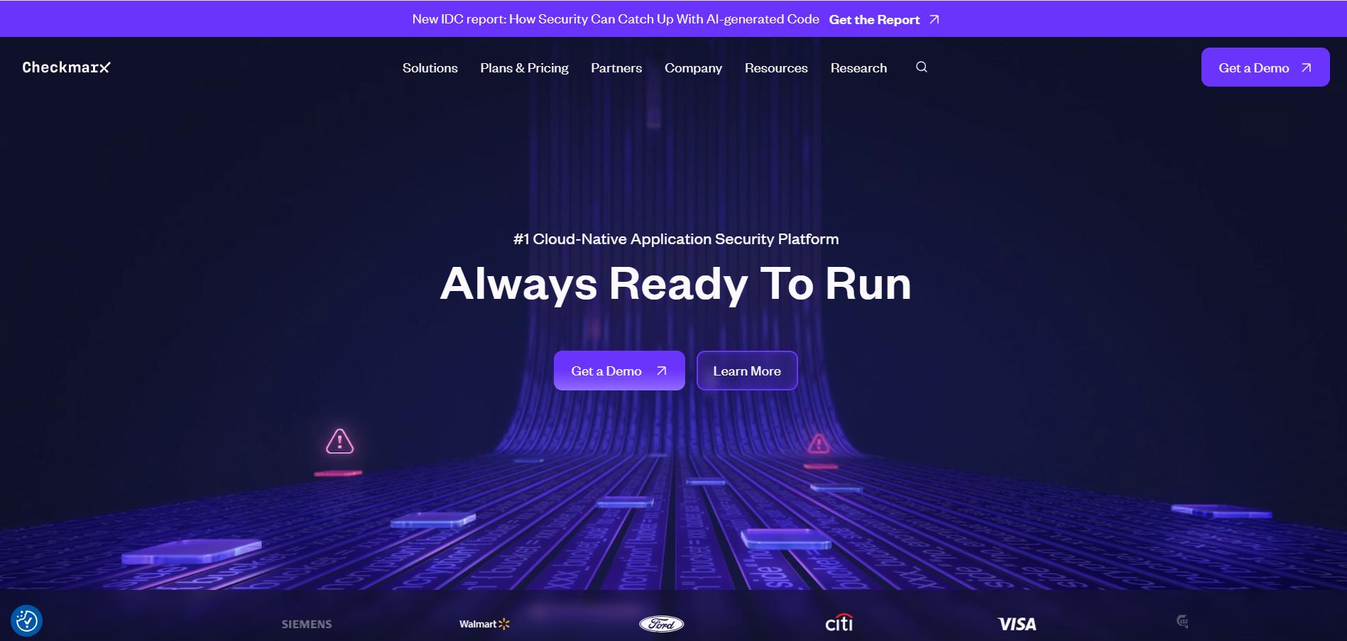 Checkmarx website promoting its cloud-native application security platform with tagline 'Always Ready To Run' and demo call-to-action.