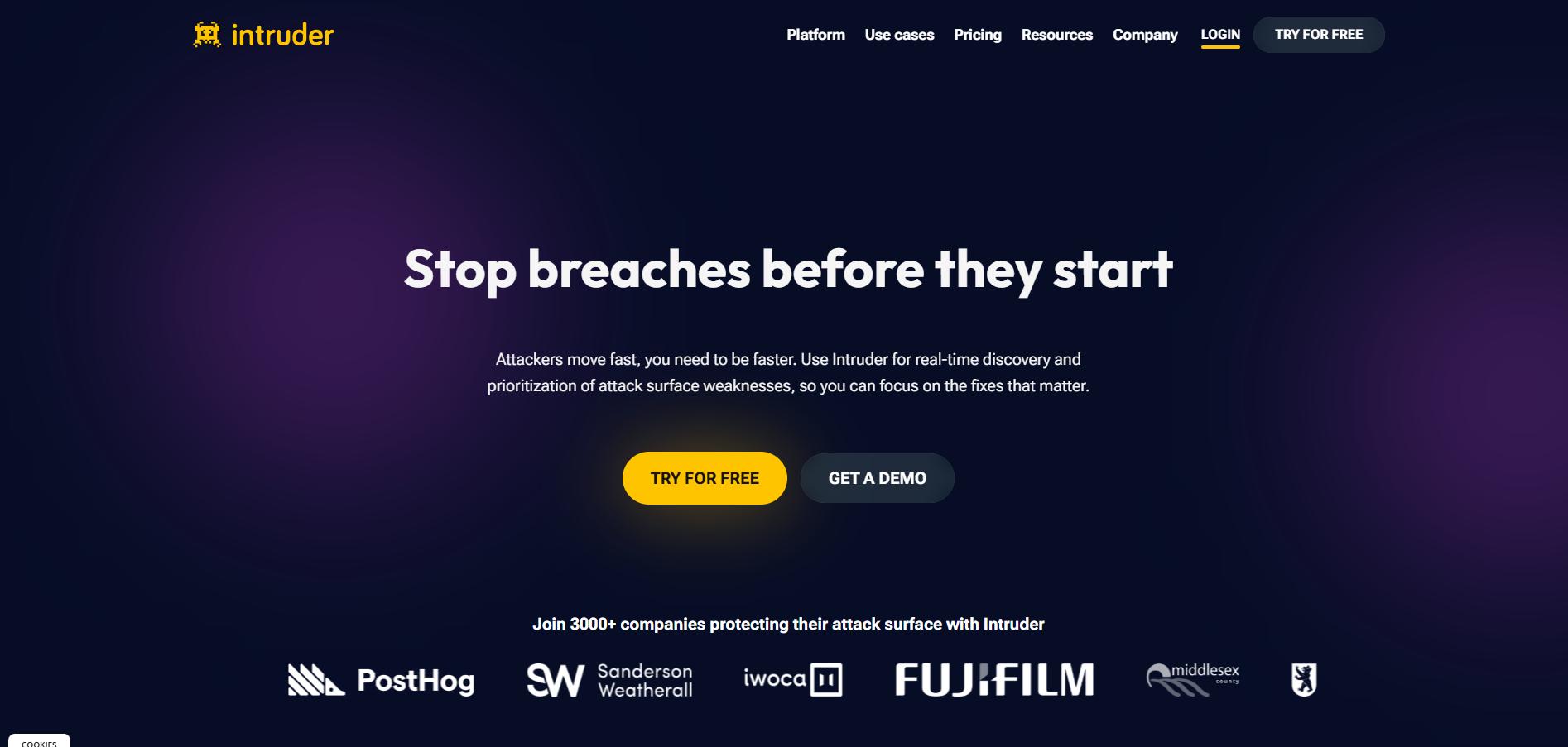 Intruder website highlighting attack surface monitoring with tagline 'Stop breaches before they start' and options to try for free or get a demo.