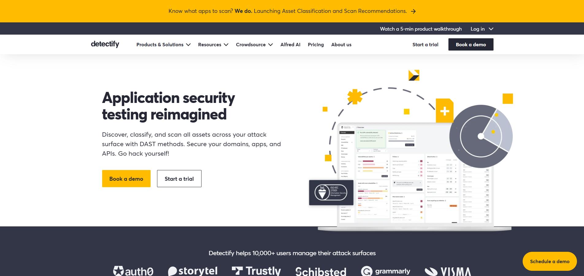 Detectify website showcasing reimagined application security testing with DAST, asset discovery, and options to book a demo or start a trial.