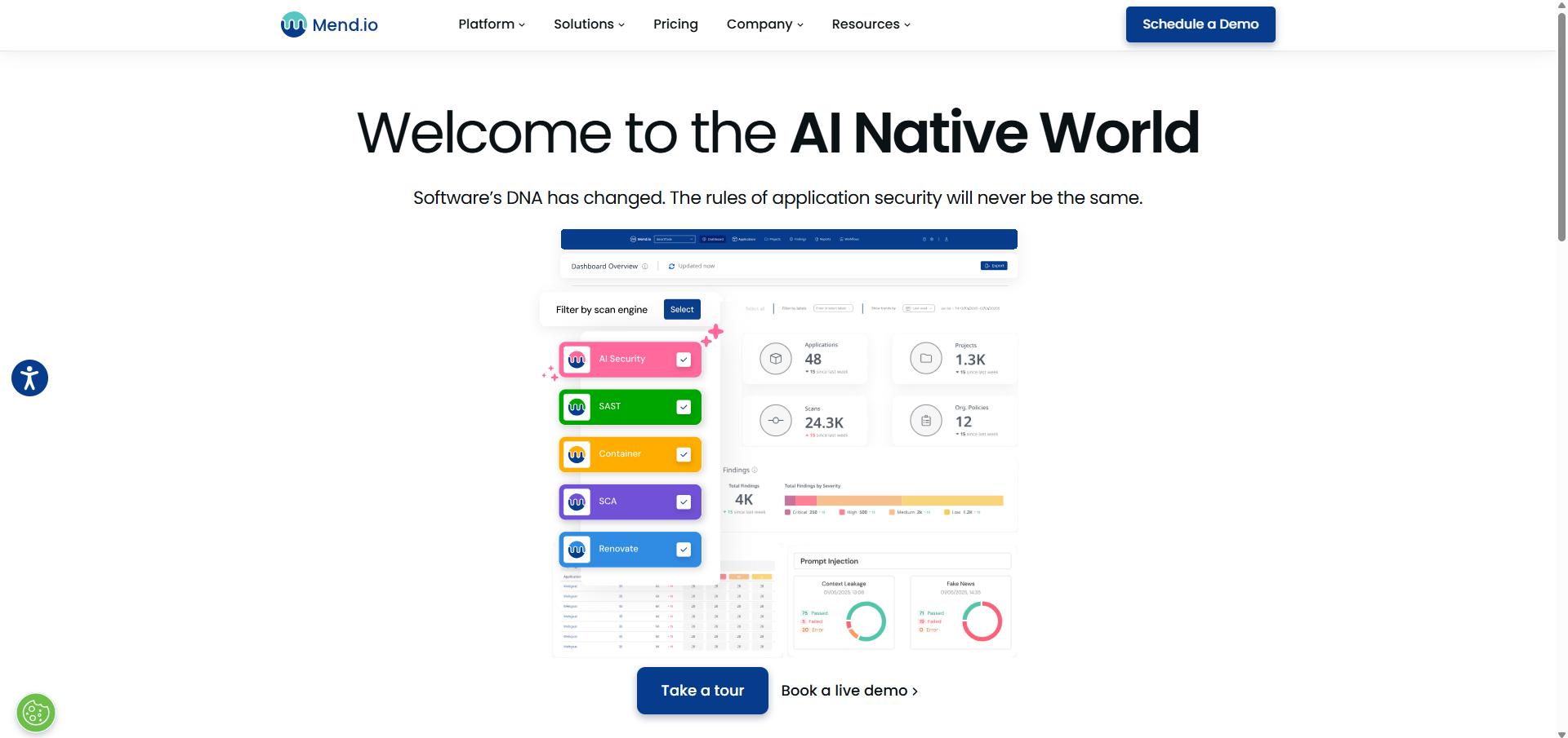 Mend.io website introducing the AI Native World with application security dashboard featuring AI Security, SAST, Container, SCA, and Renovate.