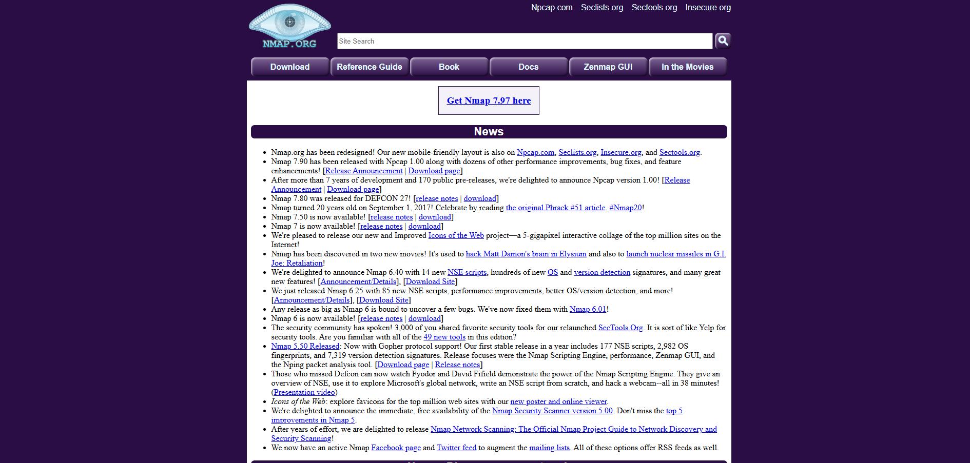 Nmap.org website featuring downloads, reference guides, and news updates on Nmap, the open-source network scanning and security tool.
