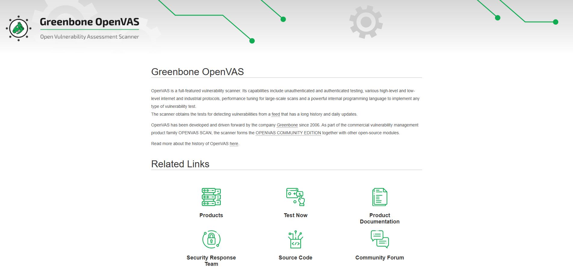 Greenbone OpenVAS website describing its open-source vulnerability scanner with features, history, and related links like products and documentation.
