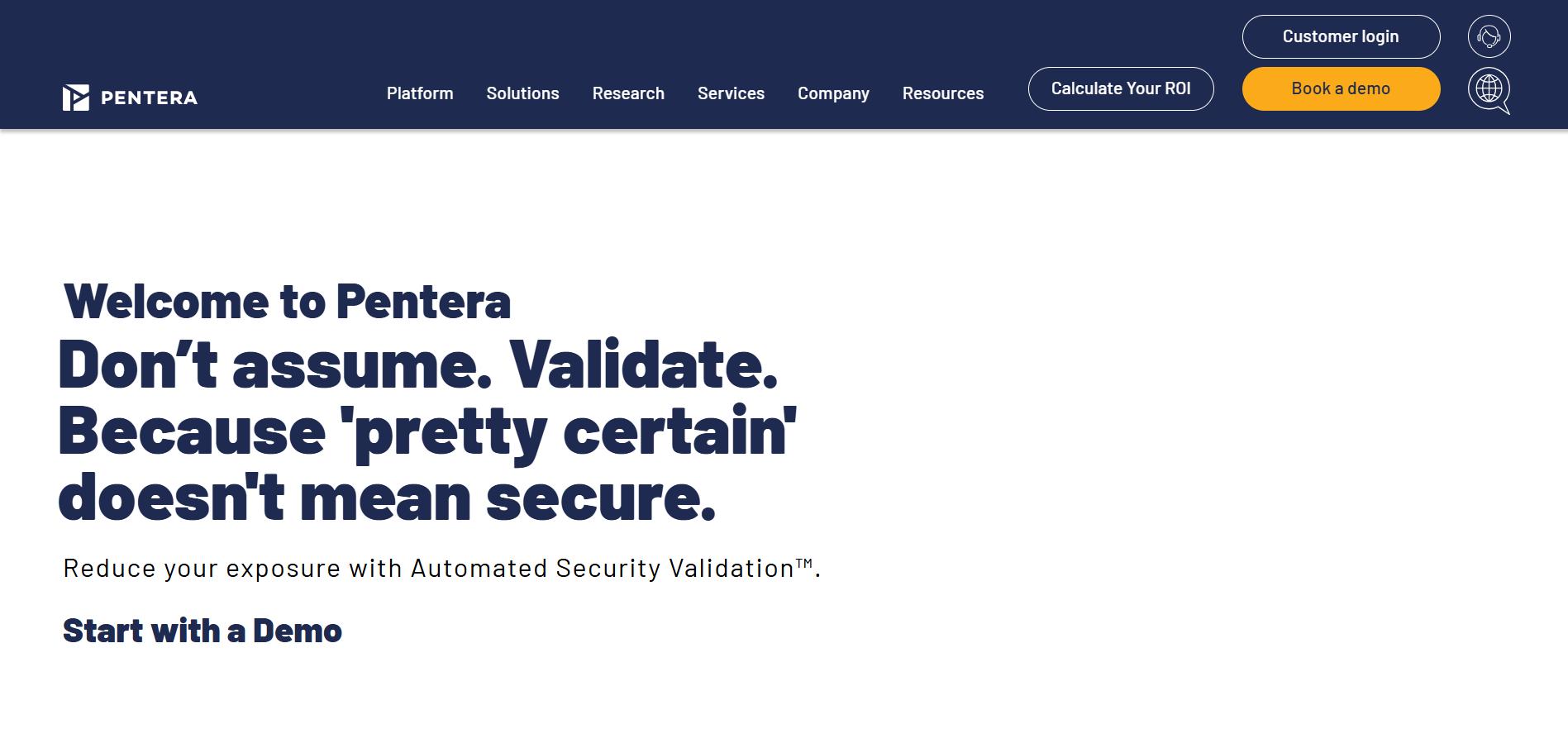 Pentera website promoting automated security validation with tagline 'Don’t assume. Validate.' and a call to book a demo.