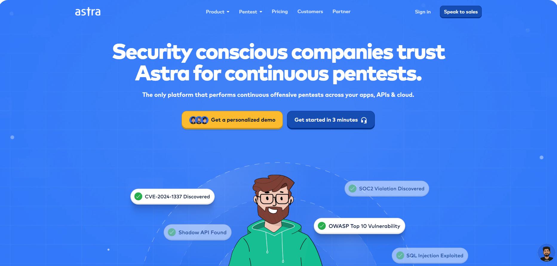 Astra website promoting continuous pentests for apps, APIs, and cloud with demo options and security checks like OWASP, SOC2, and SQL injection.