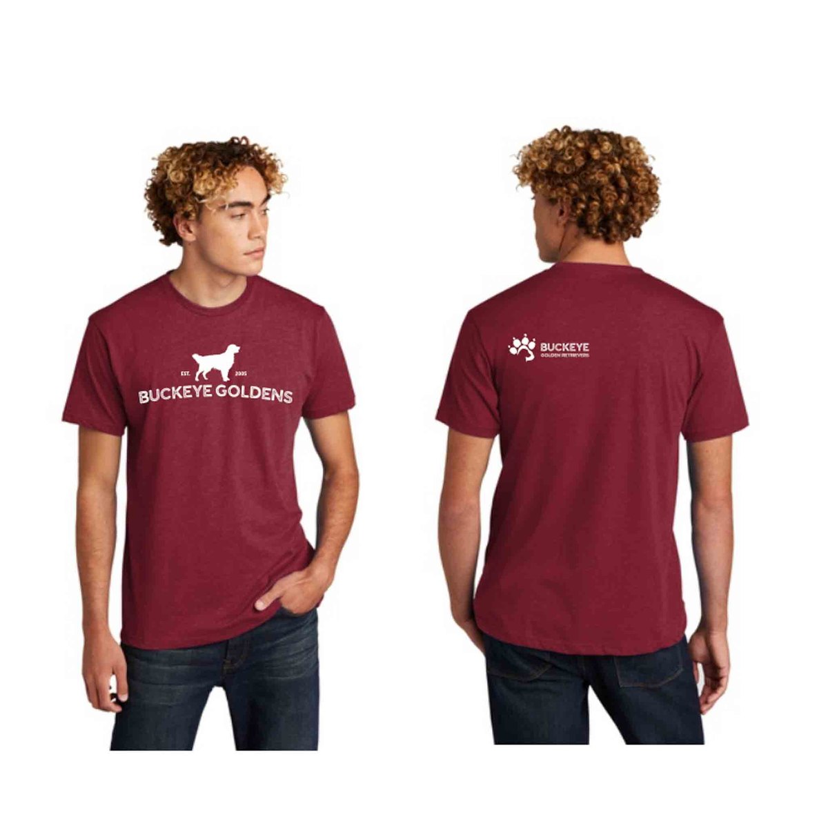 Buckeye Goldens Tee in Cardinal, front and back