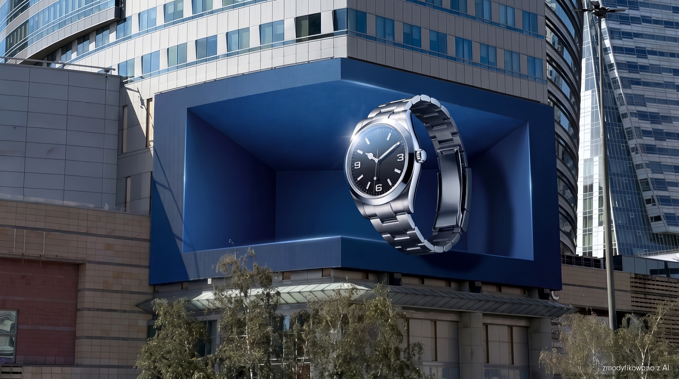 Wizualizacja anamorficznej reklamy 3D na narożnym ekranie LED w centrum Warszawy: stalowy zegarek wysuwa się z ciemnoniebieskiej wnęki, jakby wychodził z budynku.