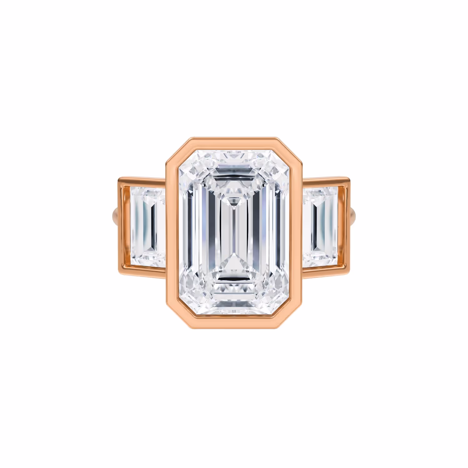 Three Stone Emerald Cut Diamond Bezel Engagement Ring