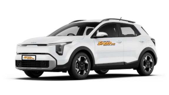 White Kia Stonic compact SUV viewed from the front-left angle with black trim, roof rails, and alloy wheels.