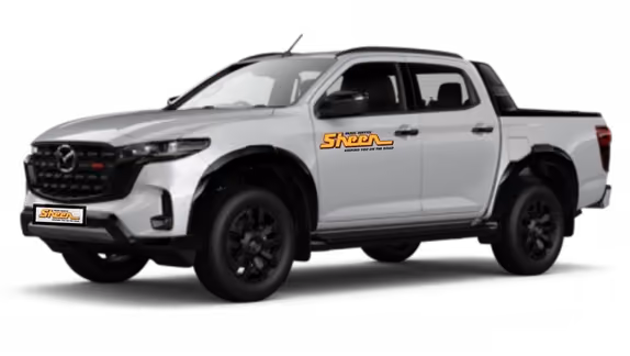White Mazda BT-50 dual-cab ute viewed from the front-left angle with black wheels, side steps, and a rear cargo tray.