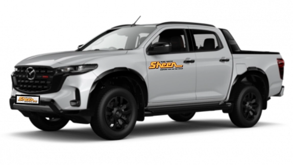 White Mazda BT-50 dual-cab ute viewed from the front-left angle with black wheels, side steps, and a rear cargo tray.