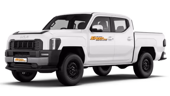 White Kia Tasman SX Ute viewed from the front-left angle with black wheels, rugged front grille, and rear cargo tray.