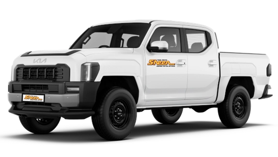 White Kia Tasman SX Ute viewed from the front-left angle with black wheels, rugged front grille, and rear cargo tray.