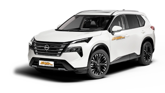 White Nissan X-Trail midsize SUV viewed from the front-left angle with black trim, roof rails, and alloy wheels.