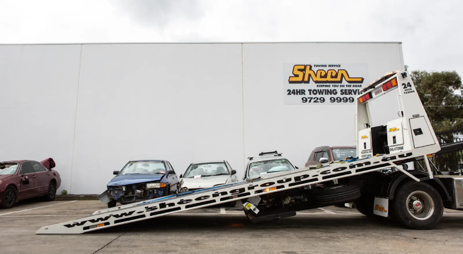 Sheen 24 hour towing truck at holding yard after vehicle recovery.