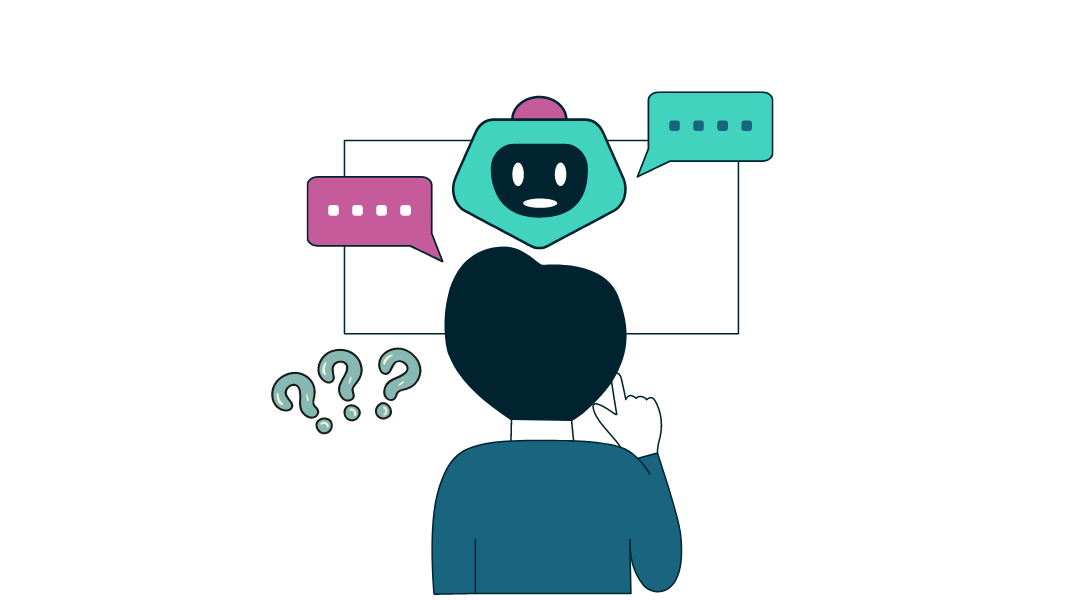 A man standing in front of a screen speaking to a robot with question marks on his side. Clip art style