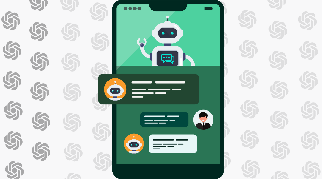 A smartphone with a robot speaking to a human via messages to imitate ChatGPT's software