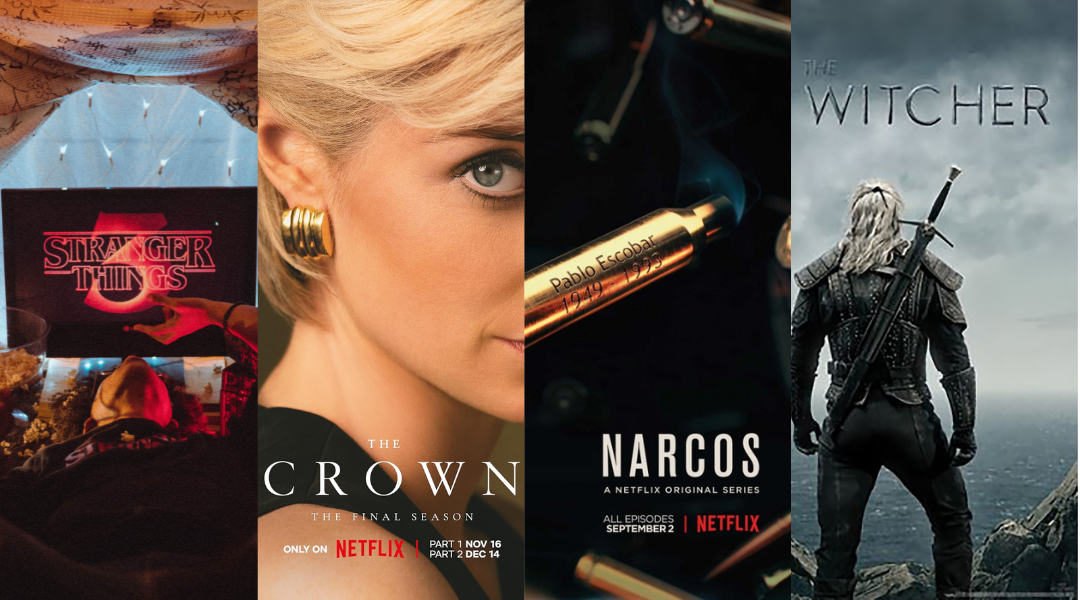Stranger Things, The Crown, Narcos, and The Witcher TV posters next to each other