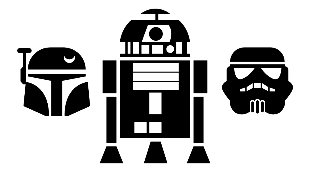 Boba Fett, R2D2, and Storm Trooper lined up in a row