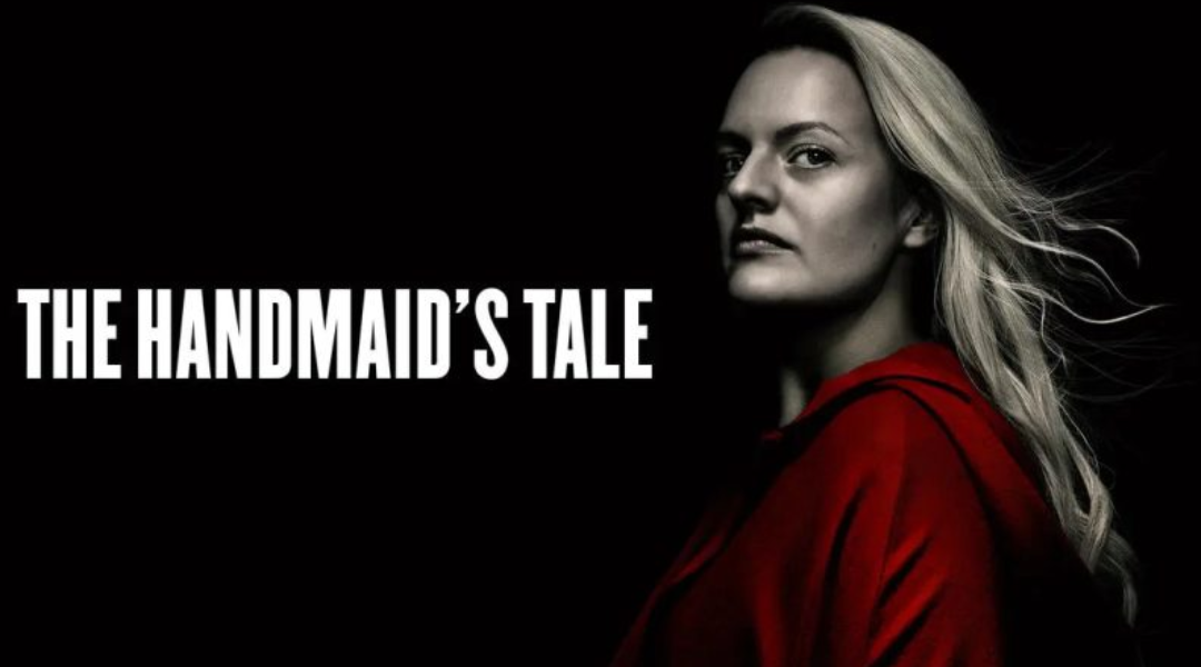 Elizabeth Moss next to The Handmaid's Tale logo TV poster