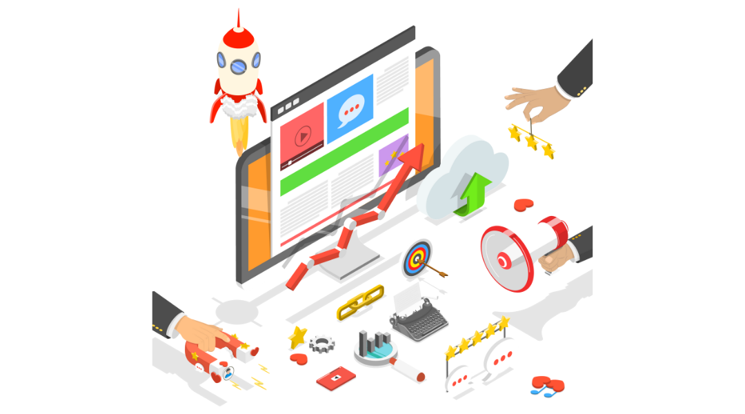 A factory portrayal of digital marketing with 3 hands appearing to collect KPIs, a monitor with a company website open, and a rocket blasting off