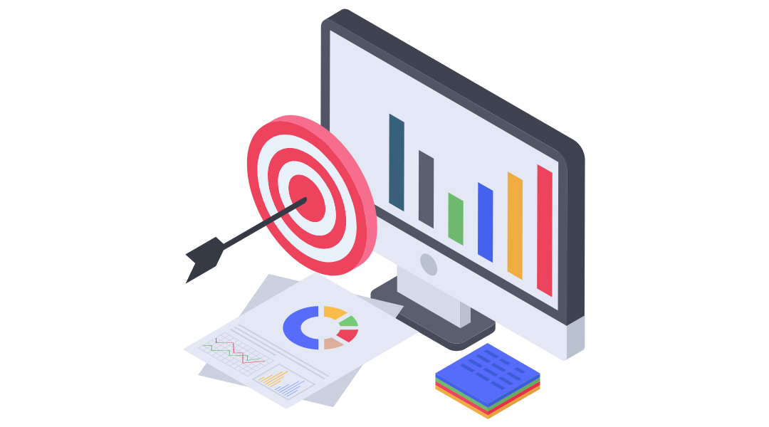 a computer screen with bar graphs, a bullseye target, reports scattered, and a pile of sticky notes. 3D clip art style