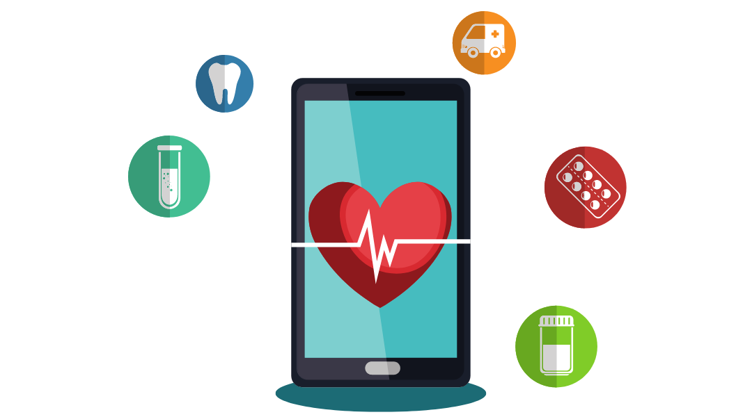 A heart beating on a smartphone with a tube, tooth, ambulance, medication leaflet, and prescription bottle floating