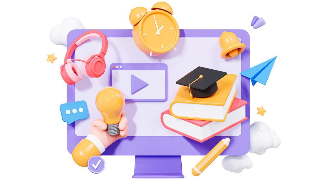 A computer monitor with headphones, a clock, a bell, books, graduation cap, pencil, hand holding a lightbulb, & clouds floating