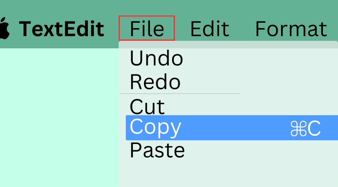 A zoomed in section of the menu bar on a Apple Mac with Copy highlighted and a red box around File