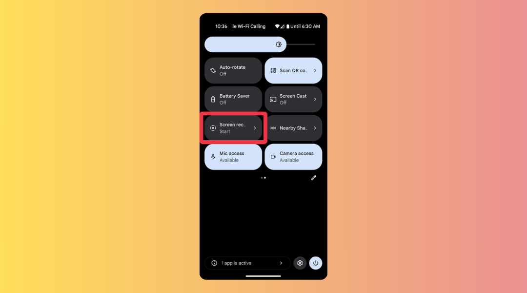 An Android phone's quick settings panel with a red box around the screen recording button