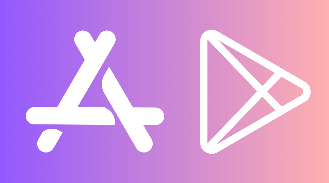 The Apple App Store logo in white next to the Google Play Store logo in white.