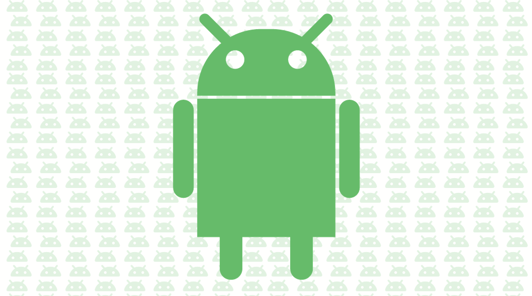The Android robot in front of a background of transparent Android robot heads