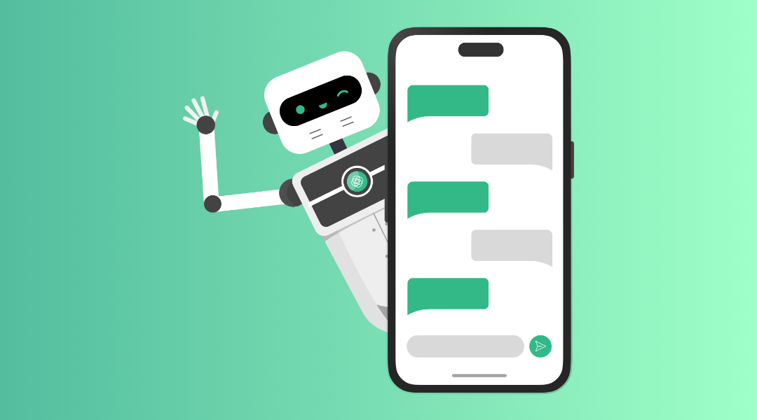 A robot waving to say hello behind a smartphone with empty message bubbles